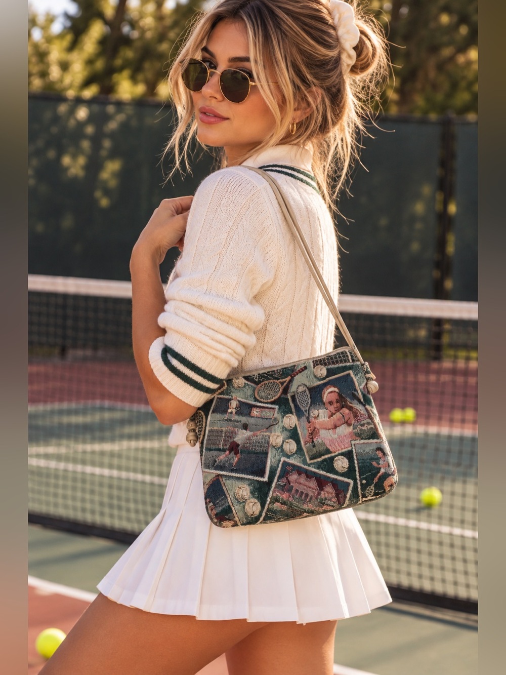 Vintage Pinky Tennis Tapestry Crossbody Bag 90s Preppy